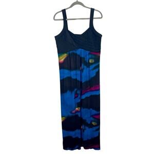 Vintage Y2K Maxi Dress Black Sleeveless Ruched bodice Blue Arsty Boho Chic